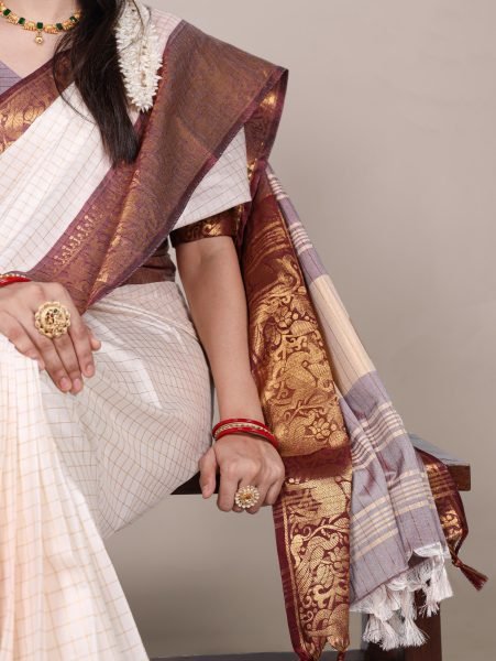 Classic White Poly Cotton Chex Saree with Brown Zari Border Elegant Export Wear South Indian Saree 