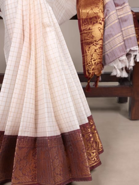 Classic White Poly Cotton Chex Saree with Brown Zari Border Elegant Export Wear South Indian Saree 