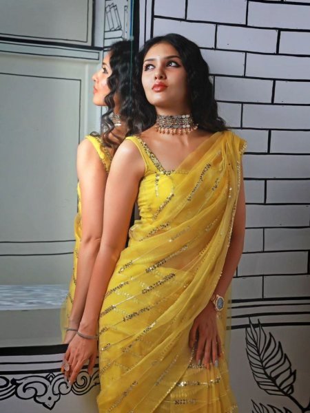 Classic Yellow Color Georgette Saree With Sequence Work  Georgette Sarees Wholesale