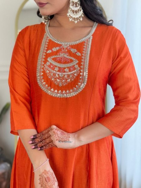 Classy Orange Embroidered Kurti Set with Dupatta – Perfect for Celebrations Kurtis