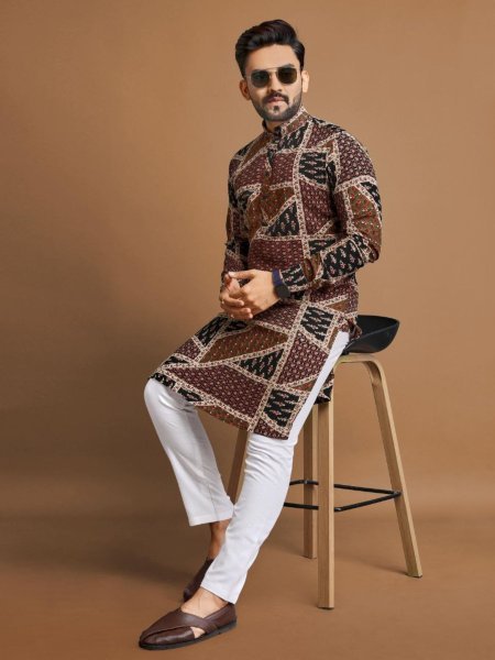 Coffee Color Mens Kurta Pajama in Soft Cotton With Digital and Foil Print Mens Wear