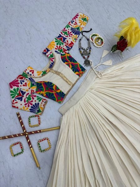 Colorful Navratri Cotton Chaniya Choli Set Fully Stitched with Floral Embroidery Design Navratri Lehnega Choli