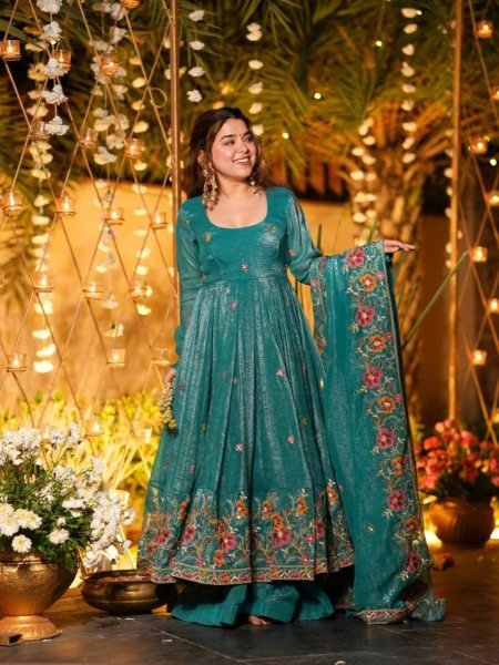  Comfy  Bottle Green Fully Stitch Crunchy Silk Gown with rich sequence embroidery work for Special Occasions Embroidery Kurtis 