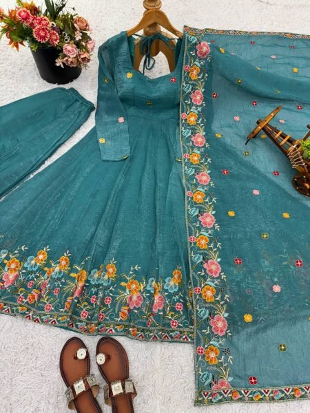  Comfy  Bottle Green Fully Stitch Crunchy Silk Gown with rich sequence embroidery work for Special Occasions Embroidery Kurtis 
