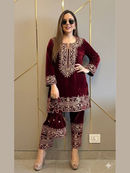 Comfy Red Velvet Fully Stitched with 3 4 Sleeves Kurti Pant at Wholesale Rate for Reseller  Kurtis