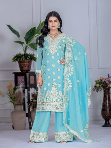 Cool Grace in Sky Blue Georgette Palazzo Set Mirror Work Kurti with Matching Dupatta Embroidery Kurtis 
