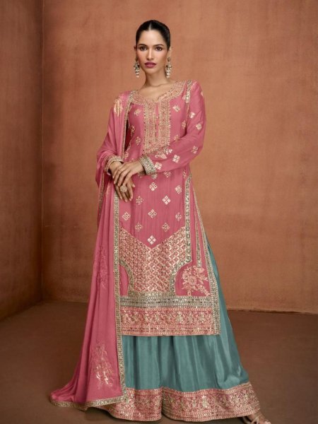 Coral Pink Orange Color Hit Designe Real Chinon Plazzo Suit Collection With Hand Work  