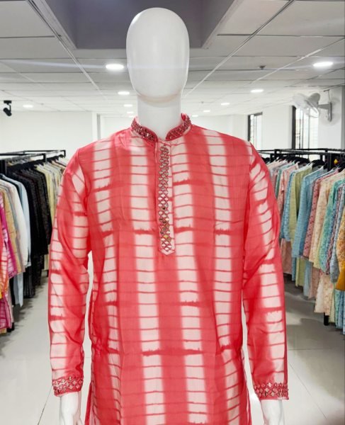 Coral Red Royal Silk Kurta Pajama with Handcrafted Neck Detailing Celebration Special Ensemble  Kurta Pajama Wholesale