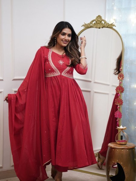 Cotton Embroidered Pink Anarkali Kurti with Pant & Dupatta Set at Wholesale Prices 