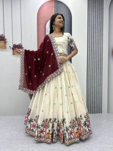Cotton Embroidery Chain Work Lehenga Set with Stylish Dupatta Wedding Party Wear Wholesale Offers Available Now 