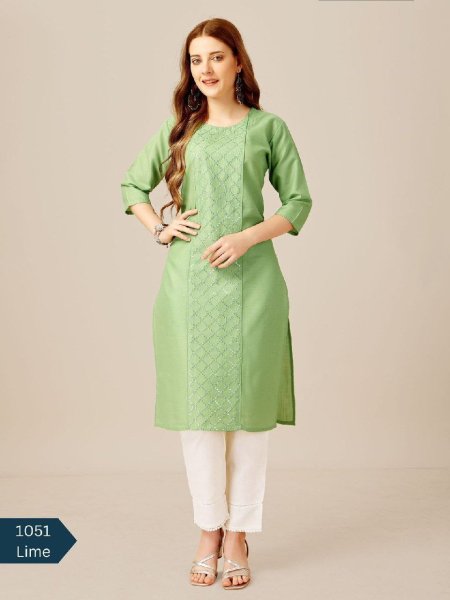 Cotton Magic Slub with Embroidery & Sequence Work Kurti Pant  Cotton Kurtis Wholesale