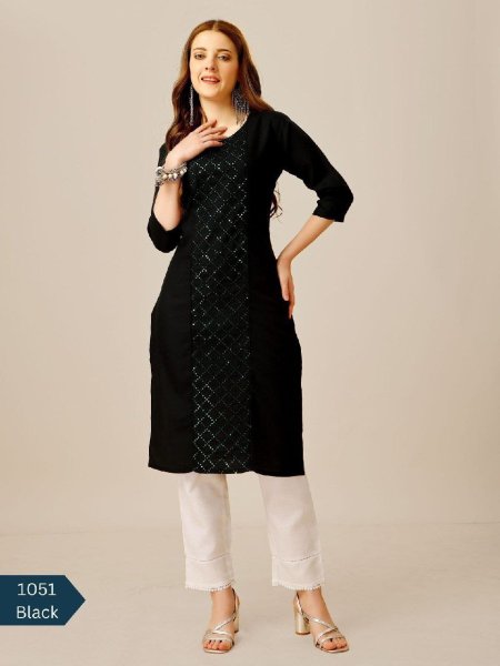 Cotton Magic Slub with Embroidery & Sequence Work Kurti Pant  Cotton Kurtis Wholesale