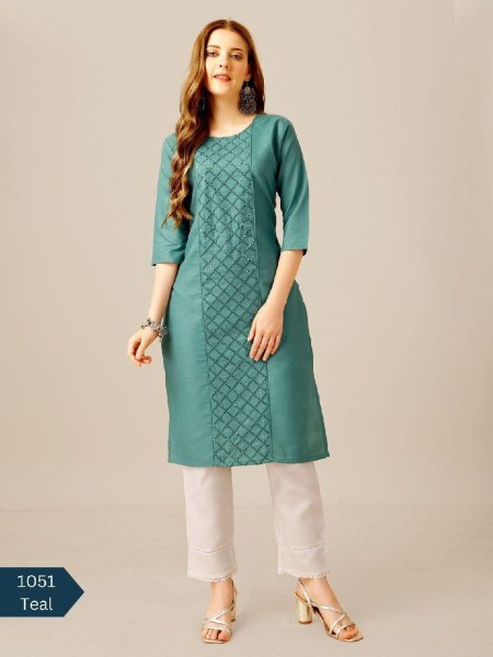 Cotton Magic Slub with Embroidery & Sequence Work Kurti Pant  Cotton Kurtis Wholesale