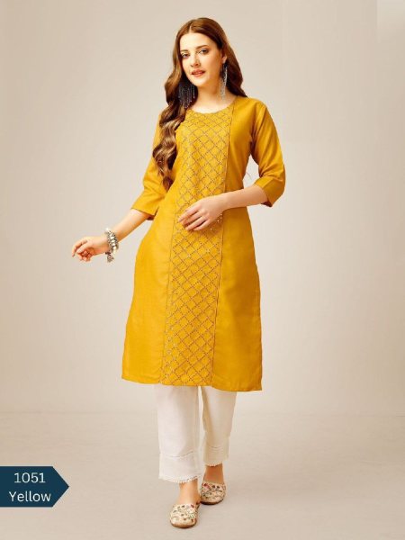 Cotton Magic Slub with Embroidery & Sequence Work Kurti Pant  Cotton Kurtis Wholesale