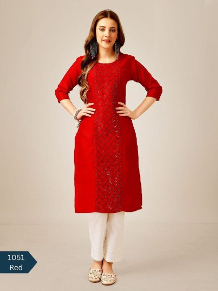 Cotton Magic Slub with Embroidery & Sequence Work Kurti Pant  Cotton Kurtis Wholesale