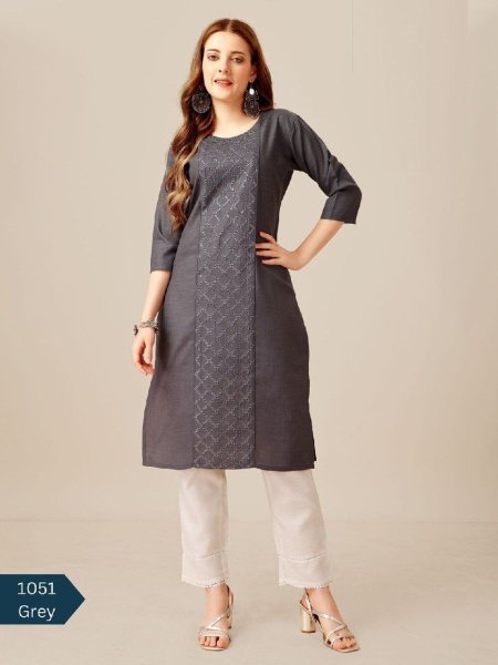 Cotton Magic Slub with Embroidery & Sequence Work Kurti Pant  Cotton Kurtis Wholesale