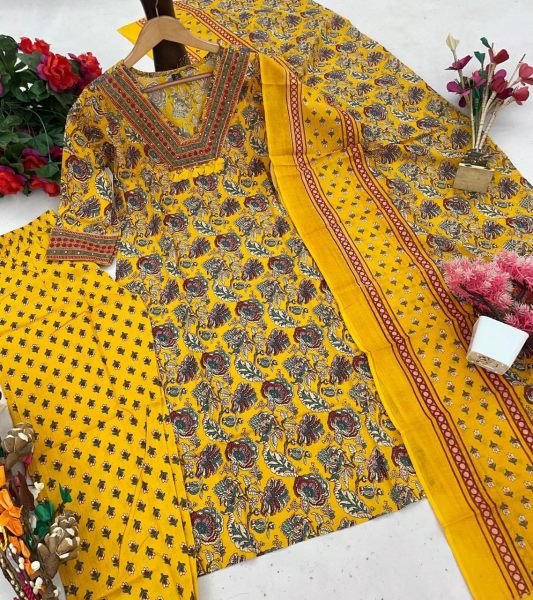 Cotton Mustard Yellow Casual Wear Kurti Set with neck  Embroidery  work 3 Piece Kurti Set