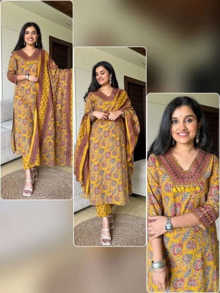 Cotton Mustard Yellow Casual Wear Kurti Set with neck  Embroidery  work 3 Piece Kurti Set