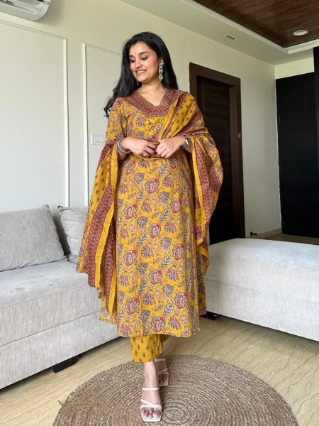 Cotton Mustard Yellow Casual Wear Kurti Set with neck  Embroidery  work 3 Piece Kurti Set