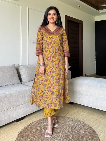 Cotton Mustard Yellow Casual Wear Kurti Set with neck  Embroidery  work 3 Piece Kurti Set