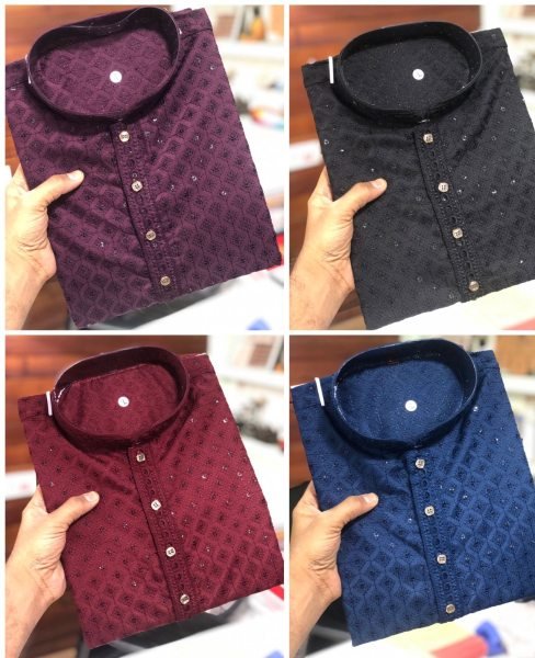 Cotton Rayon Sraight Men s Kurta with Sequin embroidery Collection  Kurta Pajama Wholesale