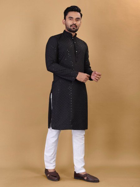 Cotton Rayon Sraight Men s Kurta with Sequin embroidery Collection  Kurta Pajama Wholesale