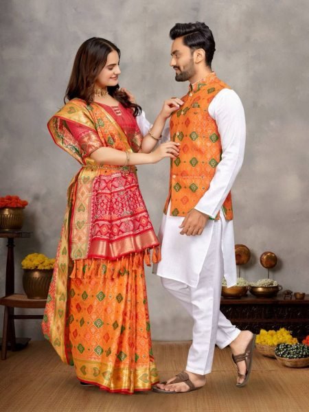 Orange Couple Combo Set Mens Cotton Kurta with Jacquard Silk Koti   Womens Jacquard Silk Saree at Reseller Best Offer  