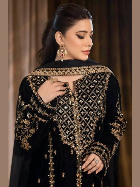 Couture Black Velvet 3 Piece Suit Set with Border Dupatta for Winter Party Wear