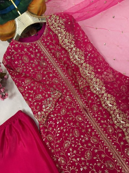 Couture Chinnon Silk Sequins   Zari Embroidered Kurti Plazzo Set with Soft Net Dupatta for Wedding Wear Ready To Wear Collection
