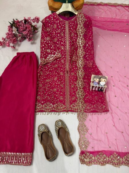 Couture Chinnon Silk Sequins   Zari Embroidered Kurti Plazzo Set with Soft Net Dupatta for Wedding Wear Ready To Wear Collection