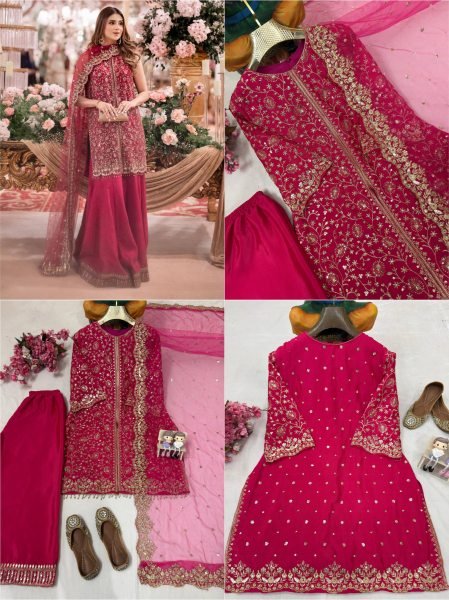Couture Chinnon Silk Sequins   Zari Embroidered Kurti Plazzo Set with Soft Net Dupatta for Wedding Wear Ready To Wear Collection