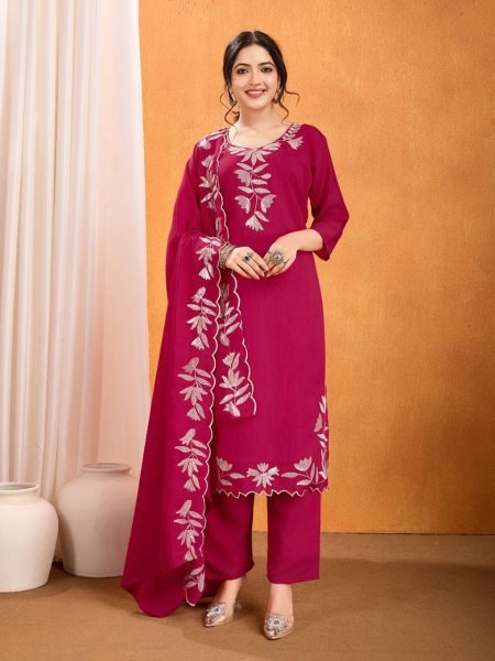 Cozy Rani Pink Vichitra Silk Embroidered Kurti with Matching Bottom   Dupatta Partywear Set at Manufacturer Rate Embroidery Kurtis 
