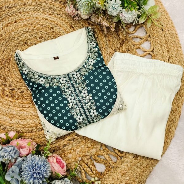 Cream and Green Kurta Palazzo Set for Women Festive Outfit with Diwali Discount Offer Kurti With Bottom Wholesale
