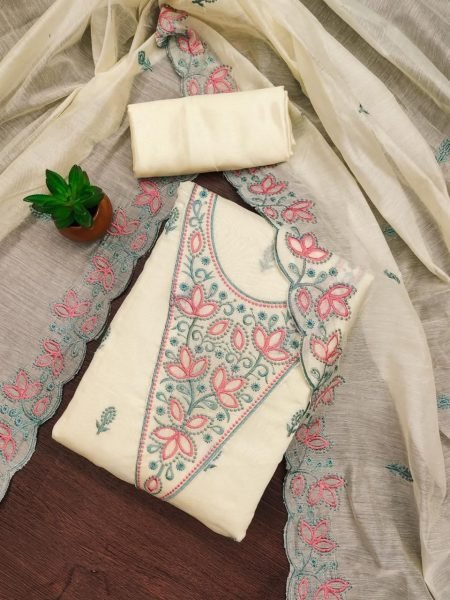 Cream Bliss Unstitched Chanderi Suit for Daily Wear Color Set Matching Dress Material Wholesale