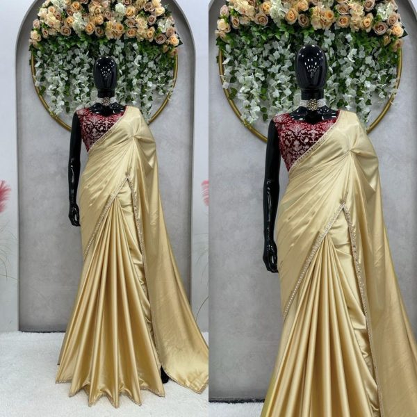 Cream Color Japan Satin Sequence Lace Work Saree Designer Wedding Sarees Wholesale