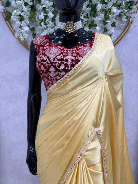 Cream Color Japan Satin Sequence Lace Work Saree Designer Wedding Sarees Wholesale