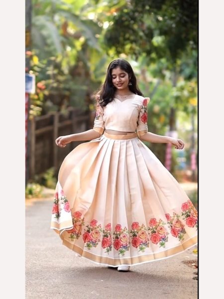 Cream Color Special For Onam Kerala South Silk Lehenga Choli  Designer Lehenga Choli