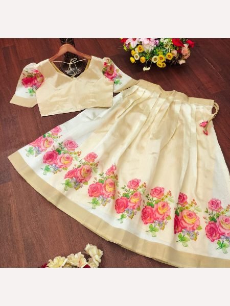 Cream Color Special For Onam Kerala South Silk Lehenga Choli  Designer Lehenga Choli