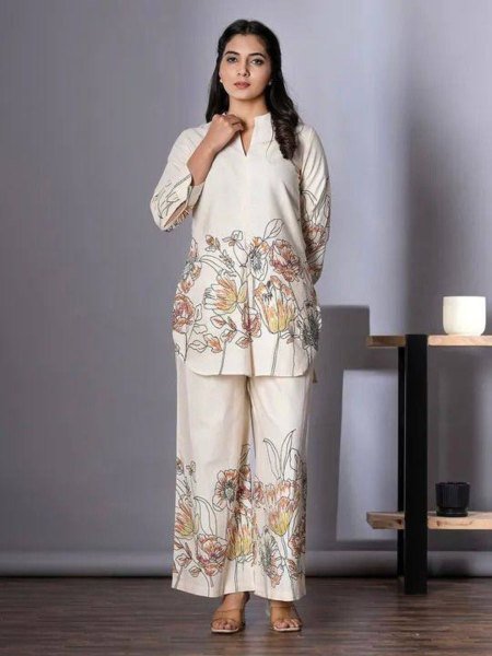 Cream Cotton Silk Co ord Set with Colorful Digital Prints Ideal for Daily Wear Summer Wear
