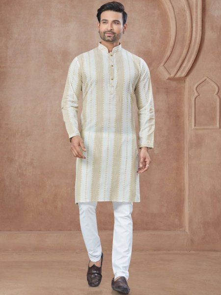 Cream Designer Men’s Kurta Pajama Set for Online Shopping at Low Price