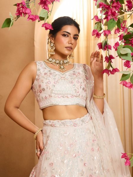 Cream Net Lehenga with Sequins and Stone Embroidery Work for Designer Party Wear Designer Lehenga Choli