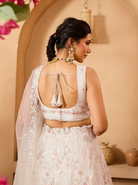 Cream Net Lehenga with Sequins and Stone Embroidery Work for Designer Party Wear Designer Lehenga Choli