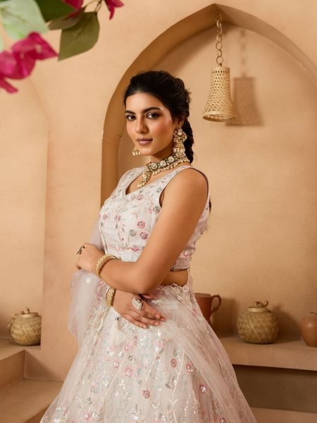 Cream Net Lehenga with Sequins and Stone Embroidery Work for Designer Party Wear Designer Lehenga Choli