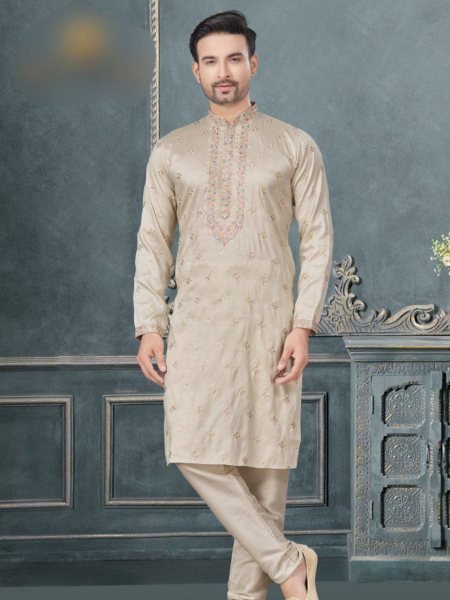 Cream Pure Silk Embroidery Kurta Pajama for Men at Function Look Mens Wear