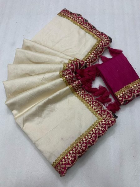 Cream & Rani Pink Solid Art Silk Saree With Sequins Embroidered Border 