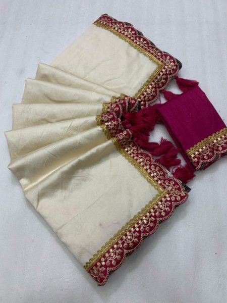 Cream & Rani Pink Solid Art Silk Saree With Sequins Embroidered Border Silk Sarees Wholesale