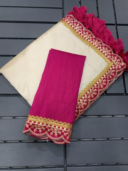 Cream & Rani Pink Solid Art Silk Saree With Sequins Embroidered Border Silk Sarees Wholesale
