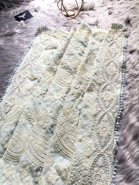 Cream White Pure Heavy Georgette Chiken Work Saree  Georgette Sarees Wholesale