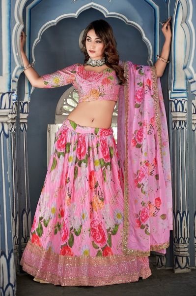 Crushed Chinon Printed Lehenga Choli With Sequence   Embroidery Work  Designer Lehenga Choli