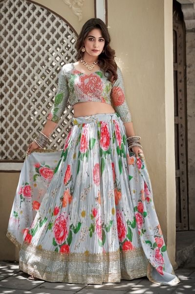 Crushed Chinon Printed Lehenga Choli With Sequence   Embroidery Work  Designer Lehenga Choli